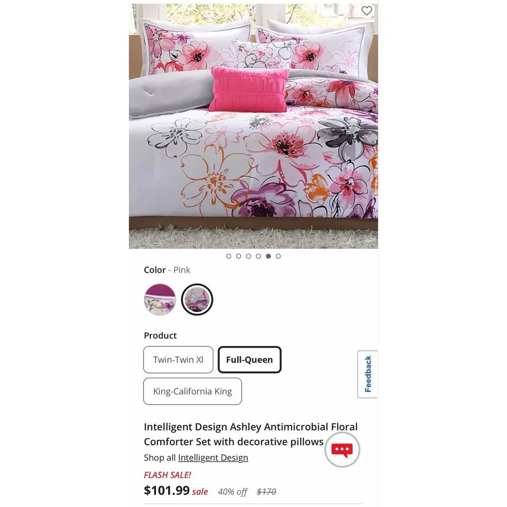 NEW! Intelligent Design Ashley 5PC Floral Comforter Set Full/Queen Pink